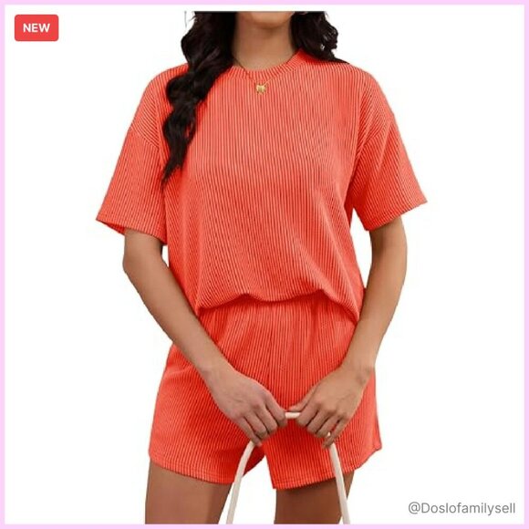 Oversized Ribbed Knit Lounge Set Short Sleeve Top Matching Shorts Y2K - Picture 4 of 8